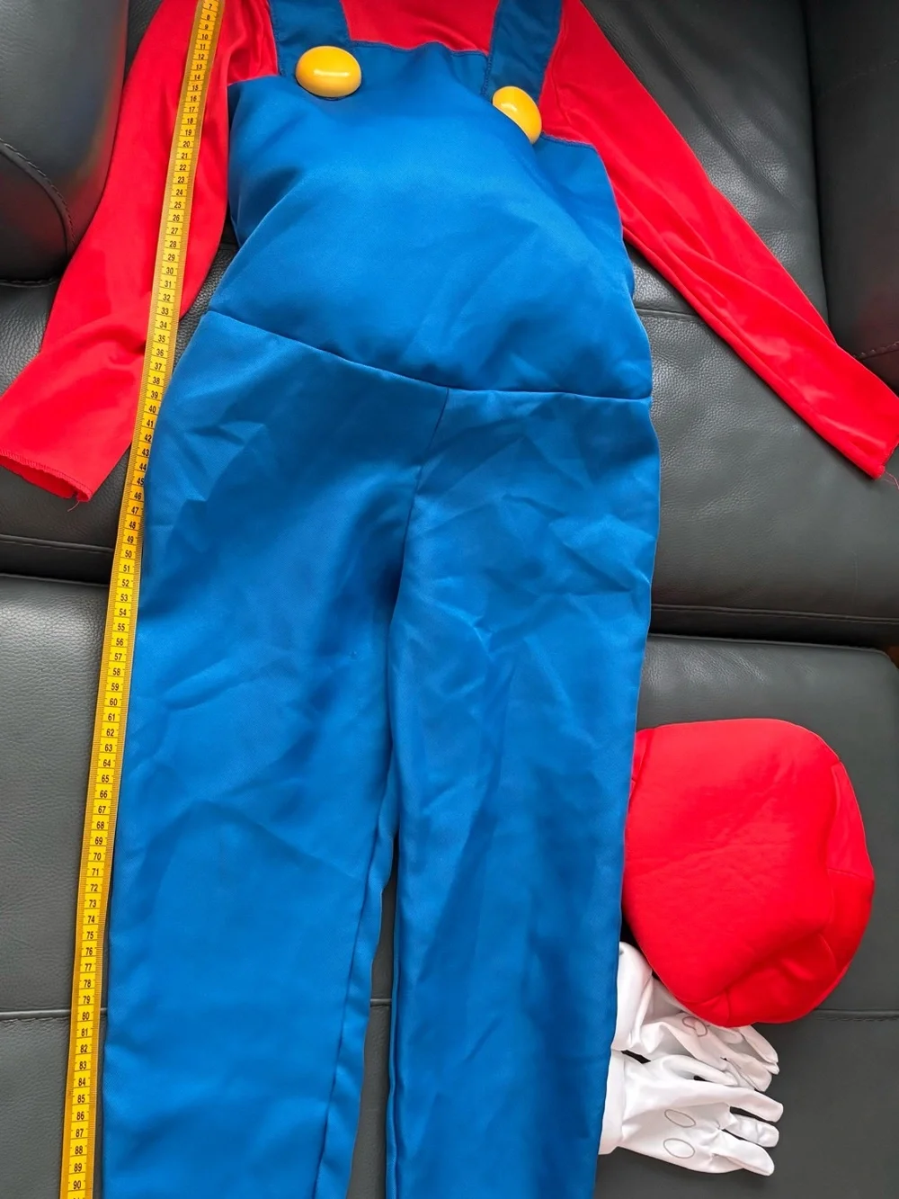 Nintendo Red and Blue Superhero Costume with White Gloves and Yellow Buttons
